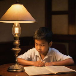 A young Filipino child diligently doing his homework under the warm glow of an antique lamp, emphasizing dedication and perseverance in a peaceful, night-time setting.