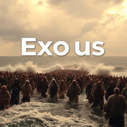 A dramatic scene depicting the Exodus, with a multitude of people walking through a parted sea, under a cloudy sky