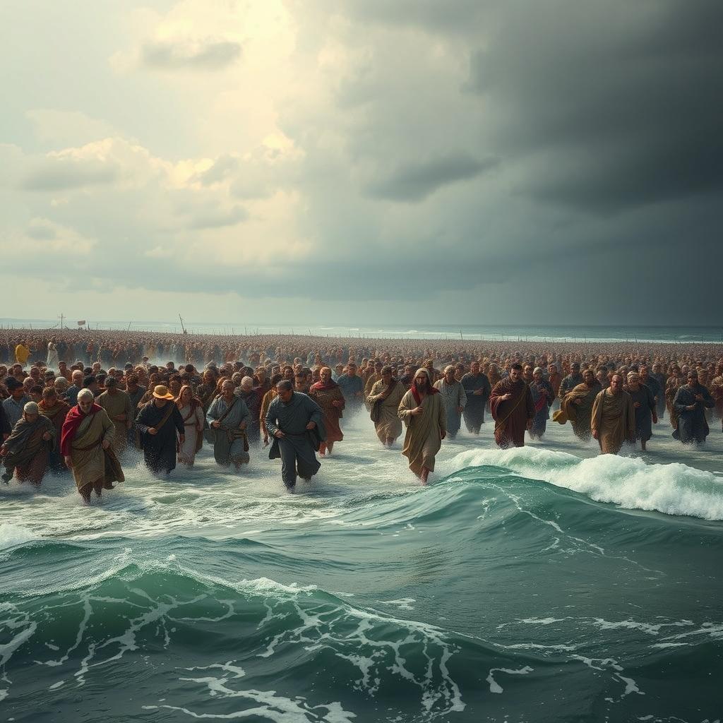 A dramatic scene depicting the Exodus, with a multitude of people walking through a parted sea, under a cloudy sky