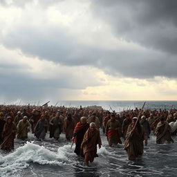 A dramatic scene depicting the Exodus, with a multitude of people walking through a parted sea, under a cloudy sky