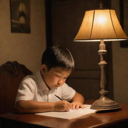 A young Filipino child diligently doing his homework under the warm glow of an antique lamp, emphasizing dedication and perseverance in a peaceful, night-time setting.