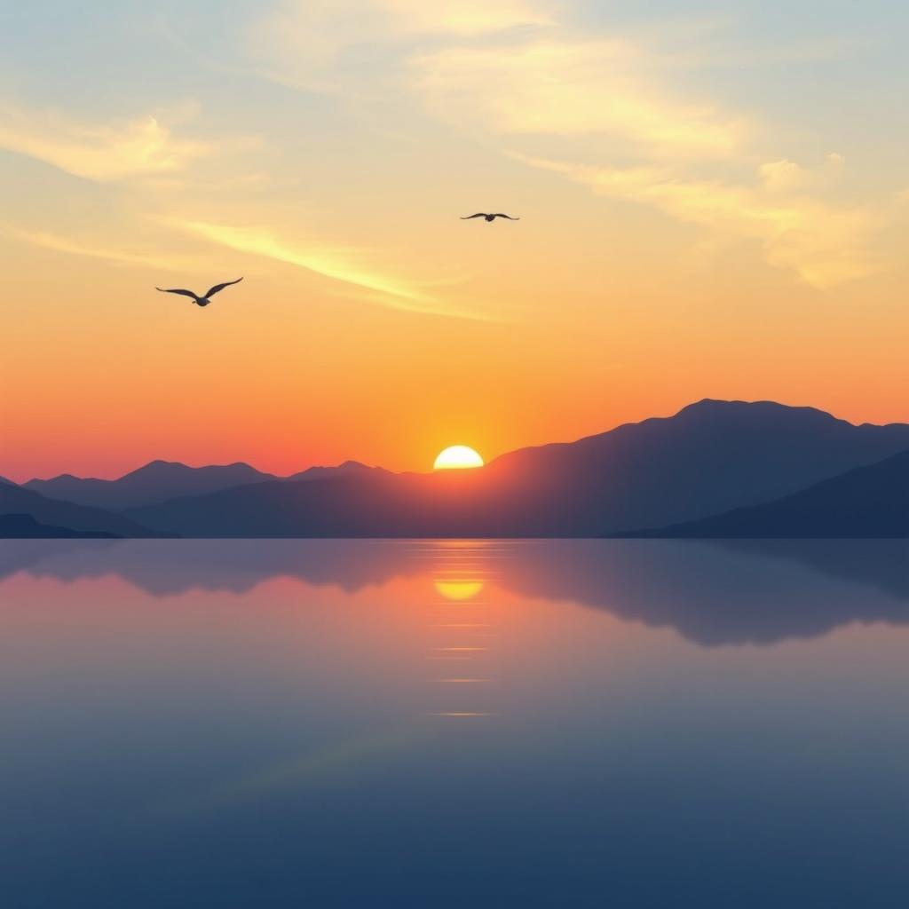 Create a serene landscape featuring a beautiful sunset over a calm lake, with mountains in the background and a few birds flying in the sky