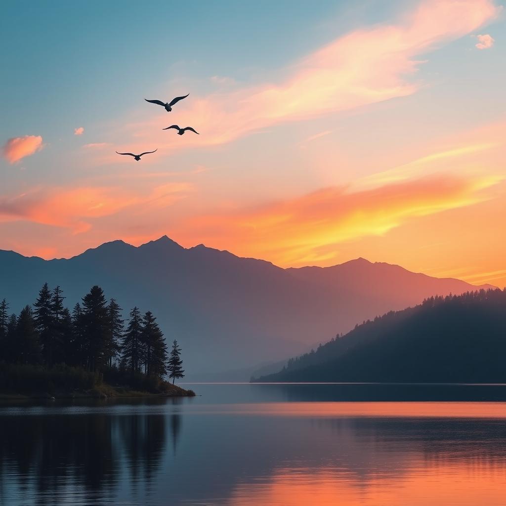 Create a serene landscape featuring a beautiful sunset over a calm lake, with mountains in the background and a few birds flying in the sky