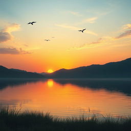 Create a serene landscape featuring a beautiful sunset over a calm lake, with mountains in the background and a few birds flying in the sky