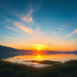 Create a serene landscape featuring a beautiful sunset over a calm lake, with mountains in the background and a few birds flying in the sky