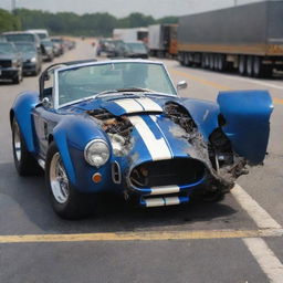 A realistic representation of Carroll Shelby's Personal Cobra 427 Super Snake, CSX 3015, severely damaged in a gripping traffic accident scene