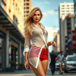 A beautiful and attractive woman walking in the city during a sunny summer day