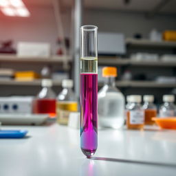 A highly detailed image of a transparent test tube filled with a colorful liquid