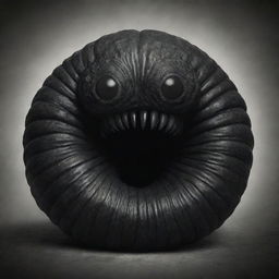 A colossal, dark worm with expressive, sorrowful eyes and curious faces etched into its sides