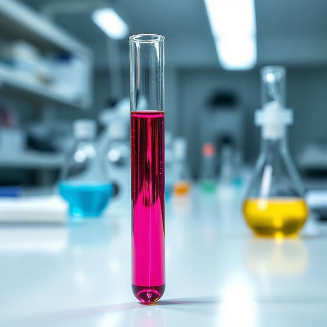 A highly detailed image of a transparent test tube filled with a colorful liquid