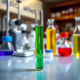 A highly detailed image of a transparent test tube filled with a colorful liquid