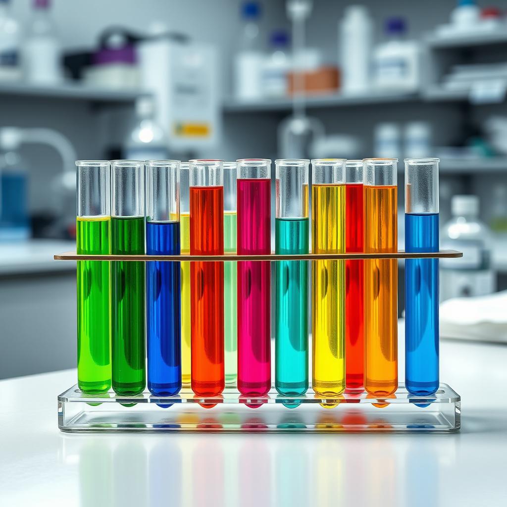 A highly detailed image of multiple transparent test tubes filled with colorful liquids