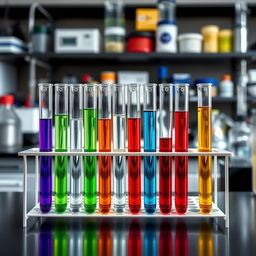 A highly detailed image of multiple transparent test tubes filled with colorful liquids