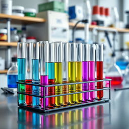 A highly detailed image of multiple transparent test tubes filled with colorful liquids