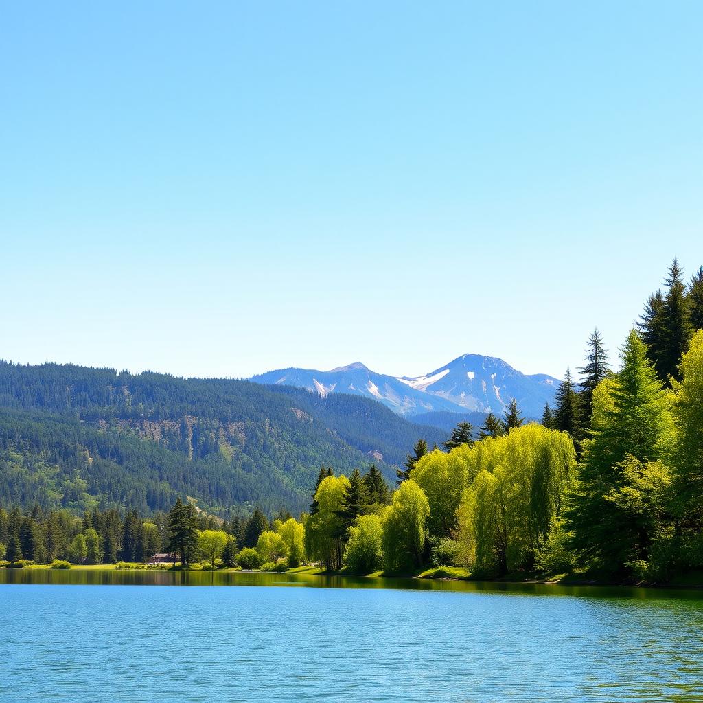 A beautiful landscape featuring a serene lake surrounded by lush green trees and mountains in the background under a clear blue sky