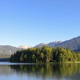 A beautiful landscape featuring a serene lake surrounded by lush green trees and mountains in the background under a clear blue sky