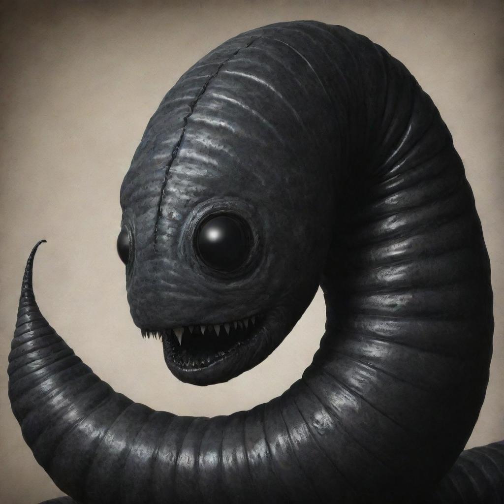 A colossal, dark worm with expressive, sorrowful eyes and curious faces etched into its sides