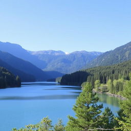 A beautiful landscape featuring a serene lake surrounded by lush green trees and mountains in the background under a clear blue sky