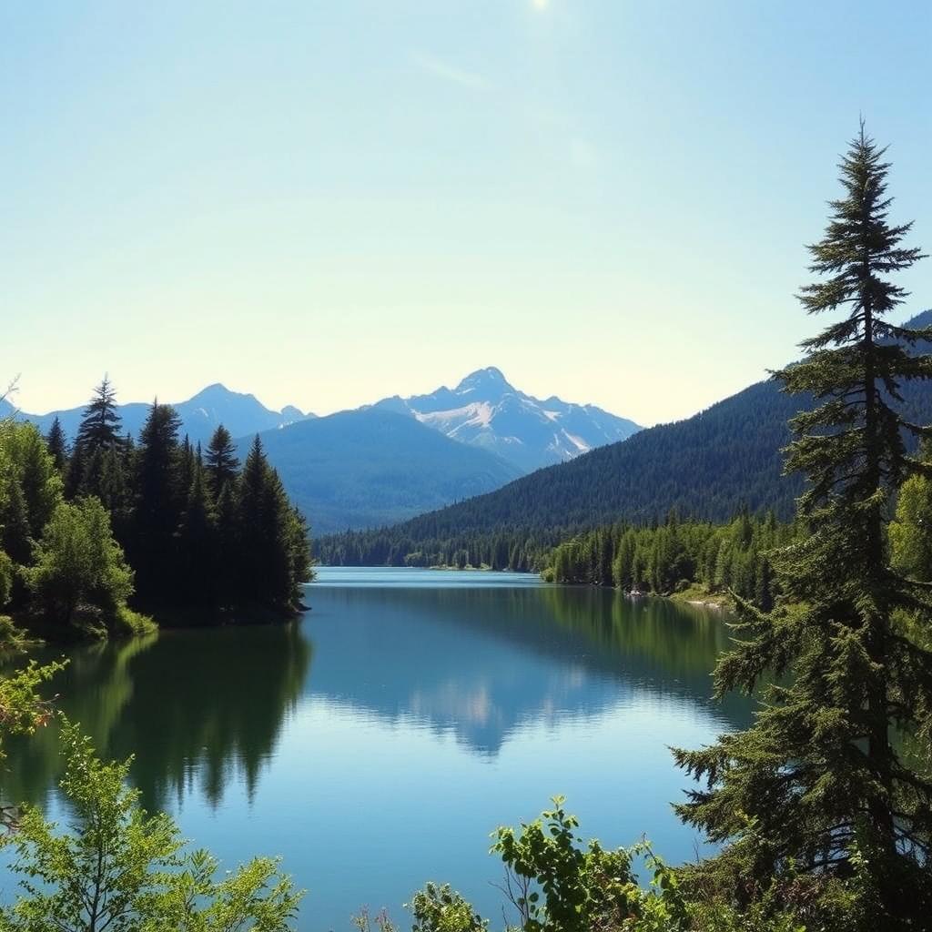 A beautiful landscape featuring a serene lake surrounded by lush green trees and mountains in the background under a clear blue sky