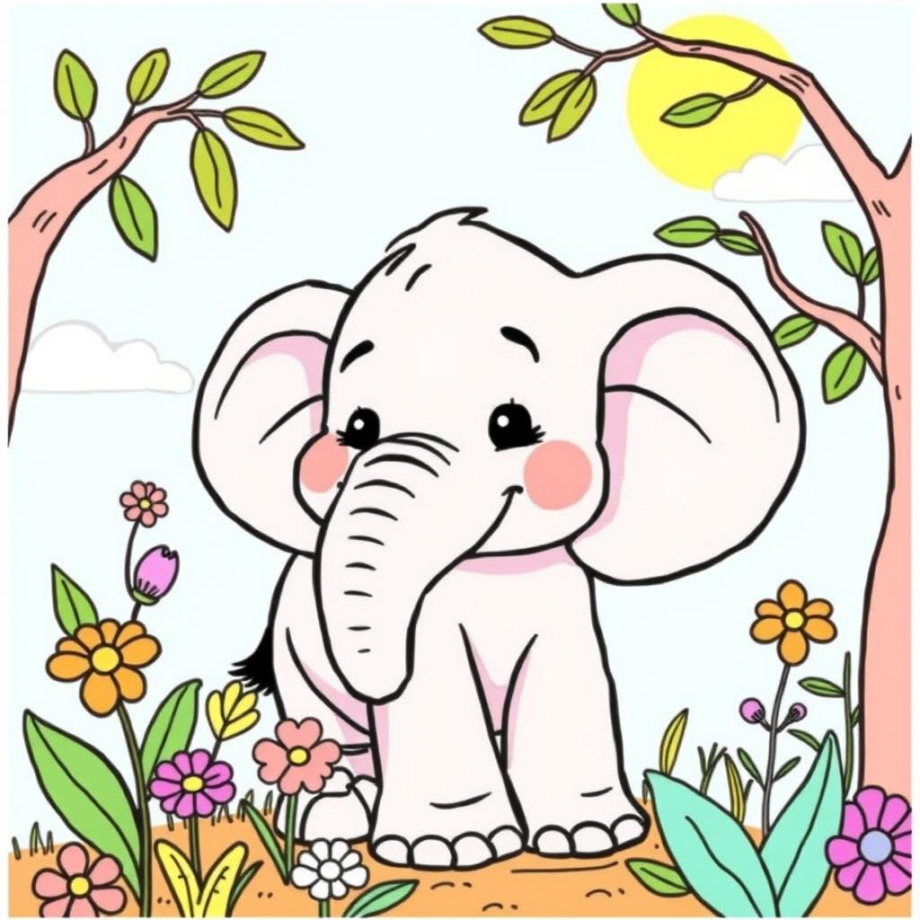 Um elefante feliz em um estilo de capa de livro de colorir, com linhas simples e contornos claros