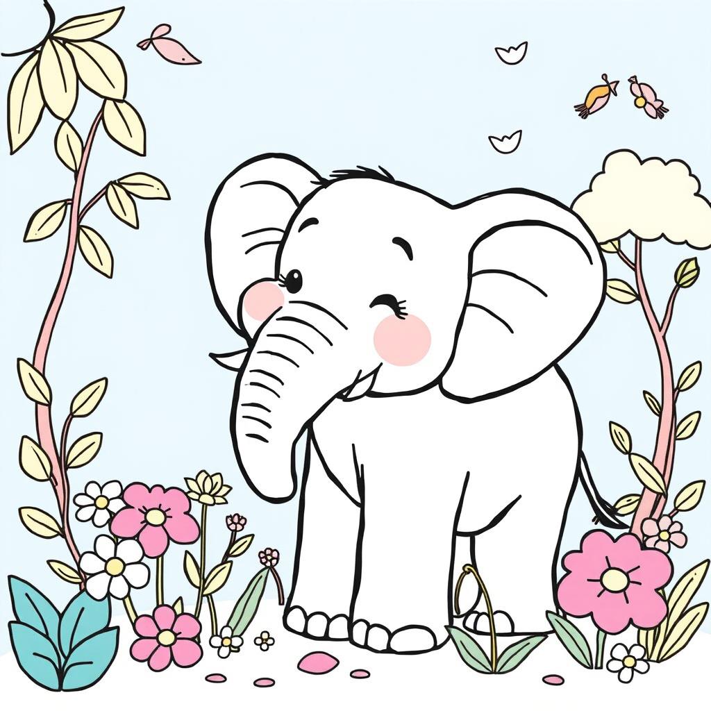 Um elefante feliz em um estilo de capa de livro de colorir, com linhas simples e contornos claros