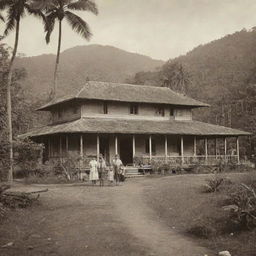 An old-timey visual of a Filipino school during 1880, detailed with native-style structures, students dressed in the period's customary attire, and lush tropical surrounding scenery.