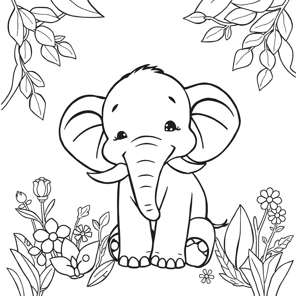 Um elefante feliz em um estilo de capa de livro de colorir em preto e branco, com linhas simples e contornos claros