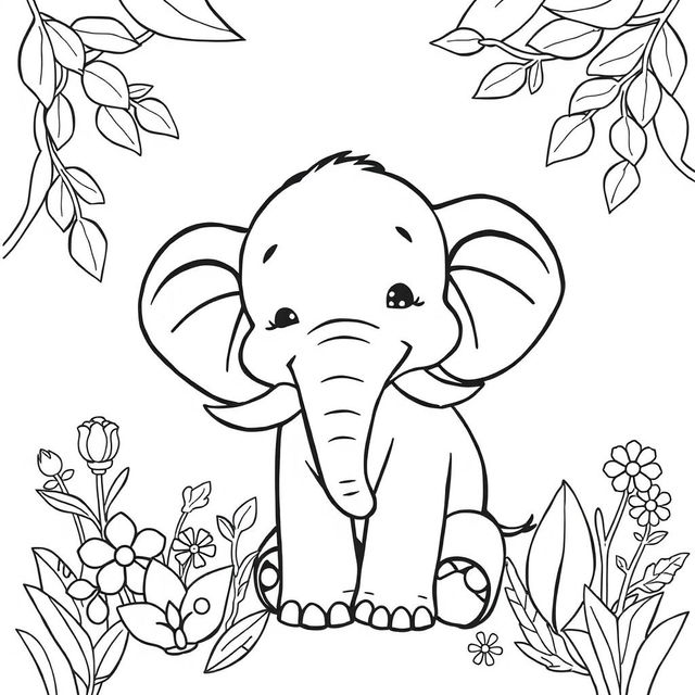 Um elefante feliz em um estilo de capa de livro de colorir em preto e branco, com linhas simples e contornos claros