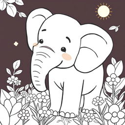 Um elefante feliz em um estilo de capa de livro de colorir em preto e branco, com linhas simples e contornos claros