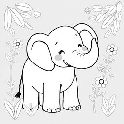 Um elefante feliz em um estilo de capa de livro de colorir em preto e branco, com linhas simples e contornos claros