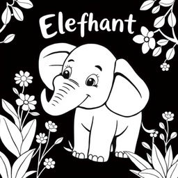 Um elefante feliz em um estilo de capa de livro de colorir em preto e branco, com linhas simples e contornos claros