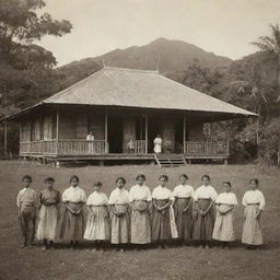 An old-timey visual of a Filipino school during 1880, detailed with native-style structures, students dressed in the period's customary attire, and lush tropical surrounding scenery.