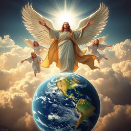 Create an image featuring a central figure with outstretched arms, surrounded by celestial beings with wings, set against a backdrop of heavenly clouds and radiant light