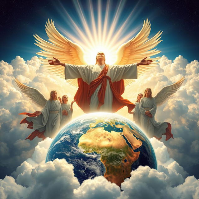 Create an image featuring a central figure with outstretched arms, surrounded by celestial beings with wings, set against a backdrop of heavenly clouds and radiant light