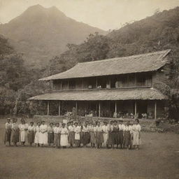 An old-timey visual of a Filipino school during 1880, detailed with native-style structures, students dressed in the period's customary attire, and lush tropical surrounding scenery.