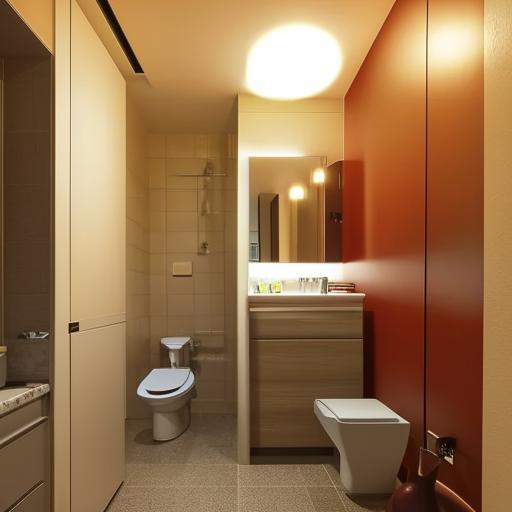 Elegantly decorated bedroom with warm lighting, a well-equipped modern kitchen, and a clean, sophisticated toilet with tiled flooring.