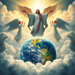 Create an image featuring a central figure with outstretched arms, surrounded by celestial beings with wings, set against a backdrop of heavenly clouds and radiant light