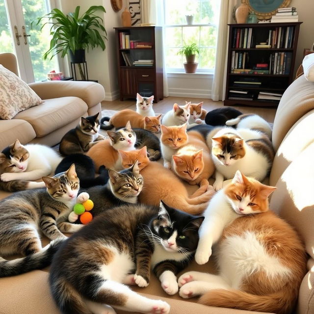 A group of cute and playful cats lounging in a cozy living room