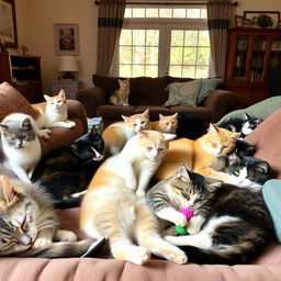 A group of cute and playful cats lounging in a cozy living room