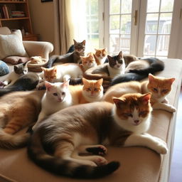 A group of cute and playful cats lounging in a cozy living room