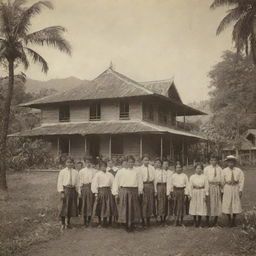 An old-timey visual of a Filipino school during 1880, detailed with native-style structures, students dressed in the period's customary attire, and lush tropical surrounding scenery.