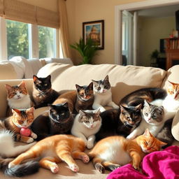 A group of cute and playful cats lounging in a cozy living room