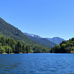 A serene landscape featuring a calm lake surrounded by lush green trees and mountains in the background under a clear blue sky