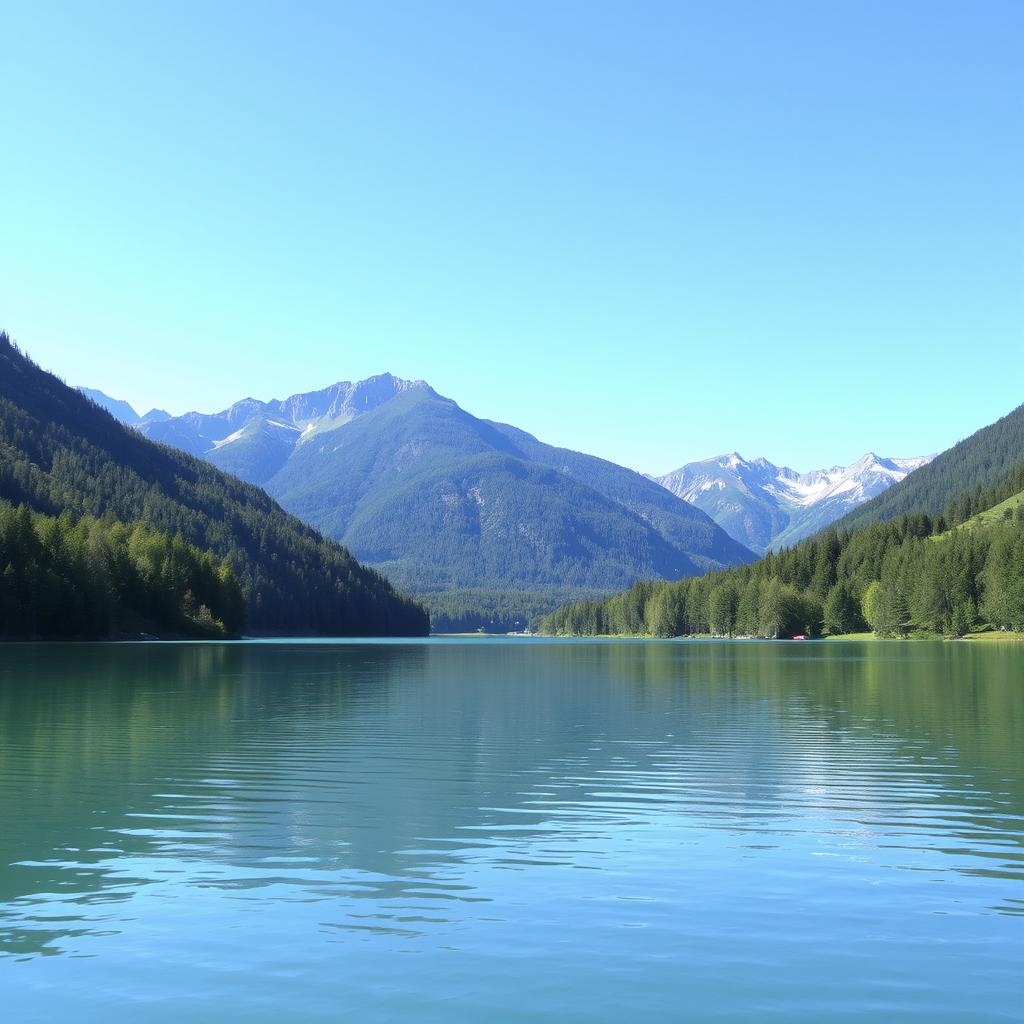 A serene landscape featuring a calm lake surrounded by lush green trees and mountains in the background under a clear blue sky