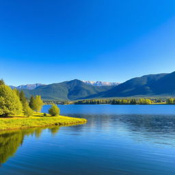 A serene landscape featuring a calm lake surrounded by lush green trees and mountains in the background under a clear blue sky