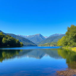 A serene landscape featuring a calm lake surrounded by lush green trees and mountains in the background under a clear blue sky