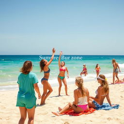 A group of girls enjoying a sunny day at the beach, playing volleyball and relaxing on the sand with the ocean in the background