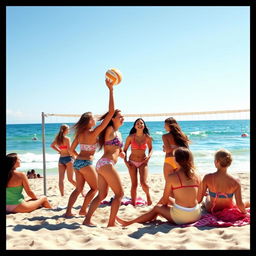 A group of girls enjoying a sunny day at the beach, playing volleyball and relaxing on the sand with the ocean in the background