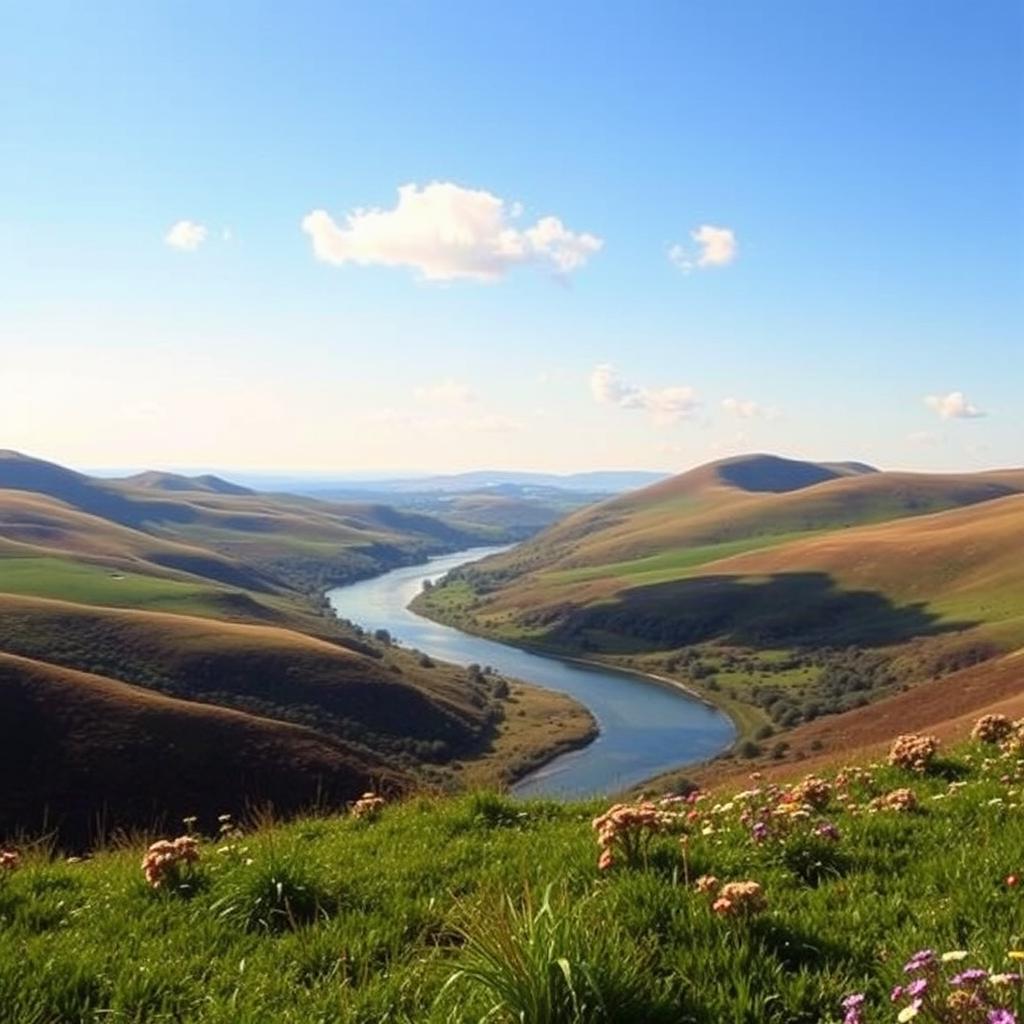 A beautiful landscape featuring rolling hills, a clear blue sky with a few fluffy clouds, and a serene river flowing through the middle