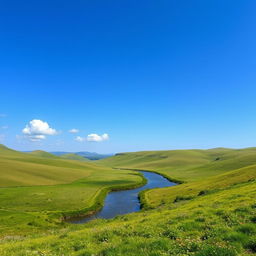 A beautiful landscape featuring rolling hills, a clear blue sky with a few fluffy clouds, and a serene river flowing through the middle